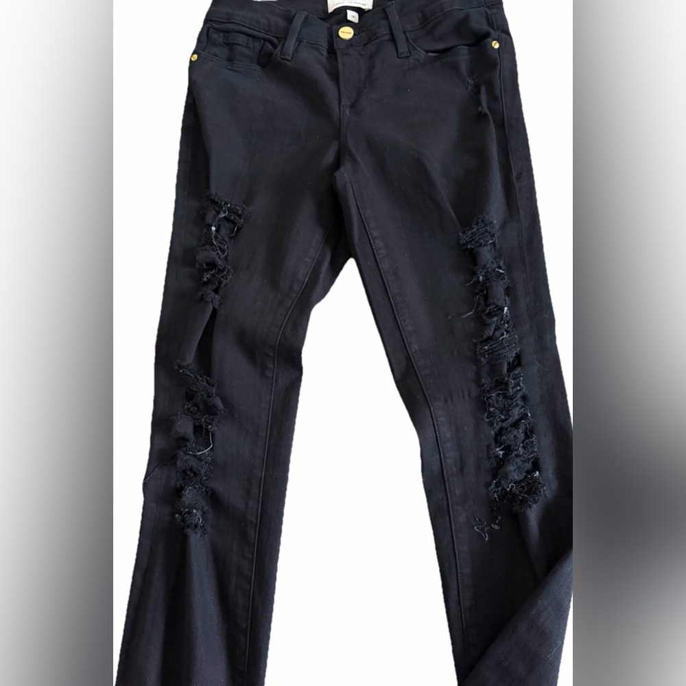 FRAME LE SKINNY de JEANNE Film Noir Black Distressed Denim Jeans Size 26 27x29 - Picture 4 of 8